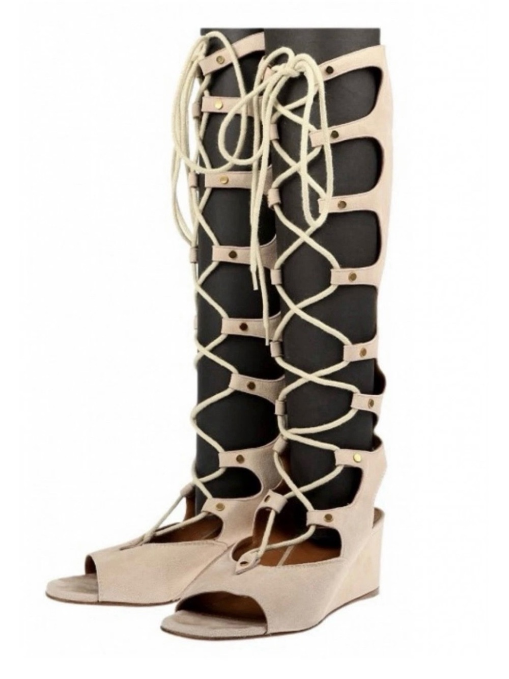 Chloe Beige Lace-Up Knee-High Wedge Boots 37.5